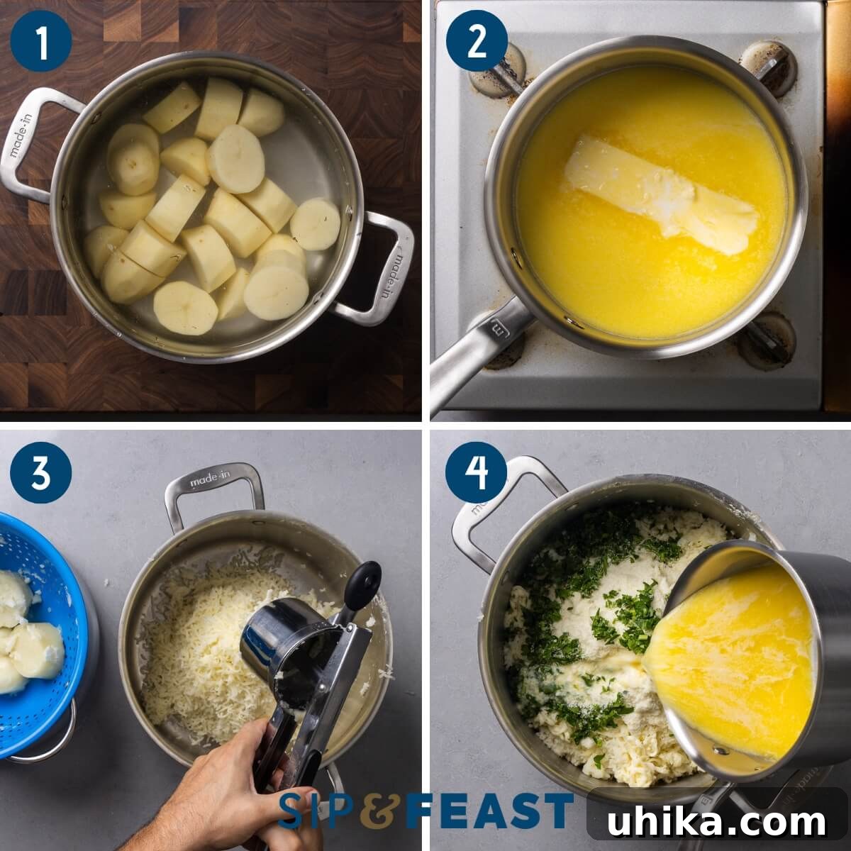 Baked Parmesan Mashed Potatoes 3 A collage showing the initial steps of making Italian baked mashed potatoes: potatoes boiling in a pot, butter melting with milk, potatoes being riced into a dry pot, and the butter-milk mixture being stirred into the riced potatoes.