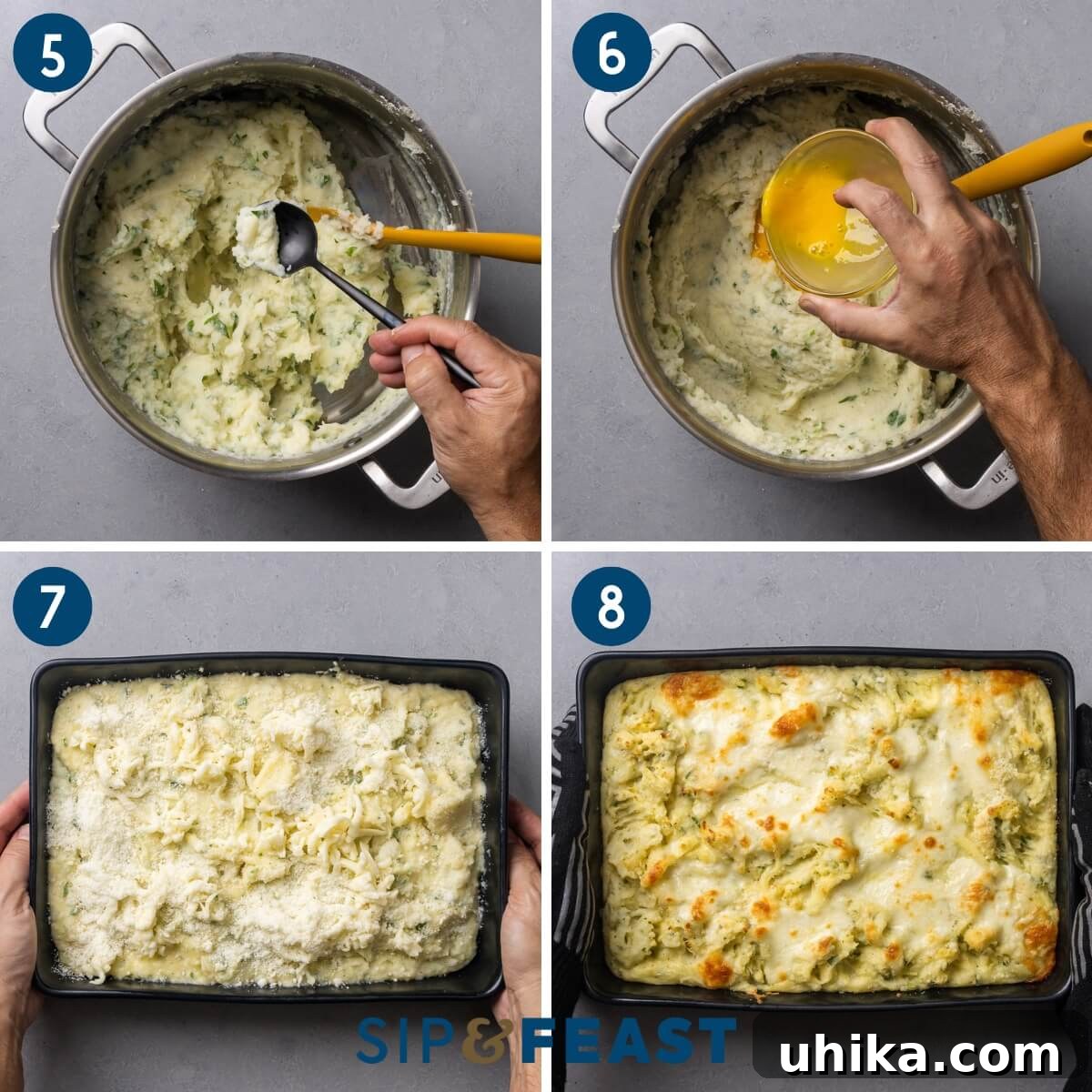 Baked Parmesan Mashed Potatoes 4 A second collage showing the final preparation steps for Italian baked mashed potatoes: taste testing the mixture, folding in eggs, transferring the mixture to a baking dish, and the golden-brown finished casserole on a granite counter.
