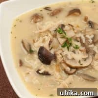 Turkey, Rice and Mushroom Soup, a hearty meal perfect for using leftover turkey
