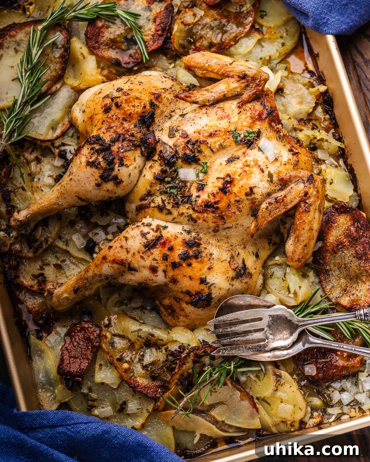 Golden Rosemary Spatchcock Chicken and Crispy Potatoes 2 Crispy Spatchcock Chicken and roasted potatoes on a baking sheet, ready to be served, with a fork and spoon for plating.