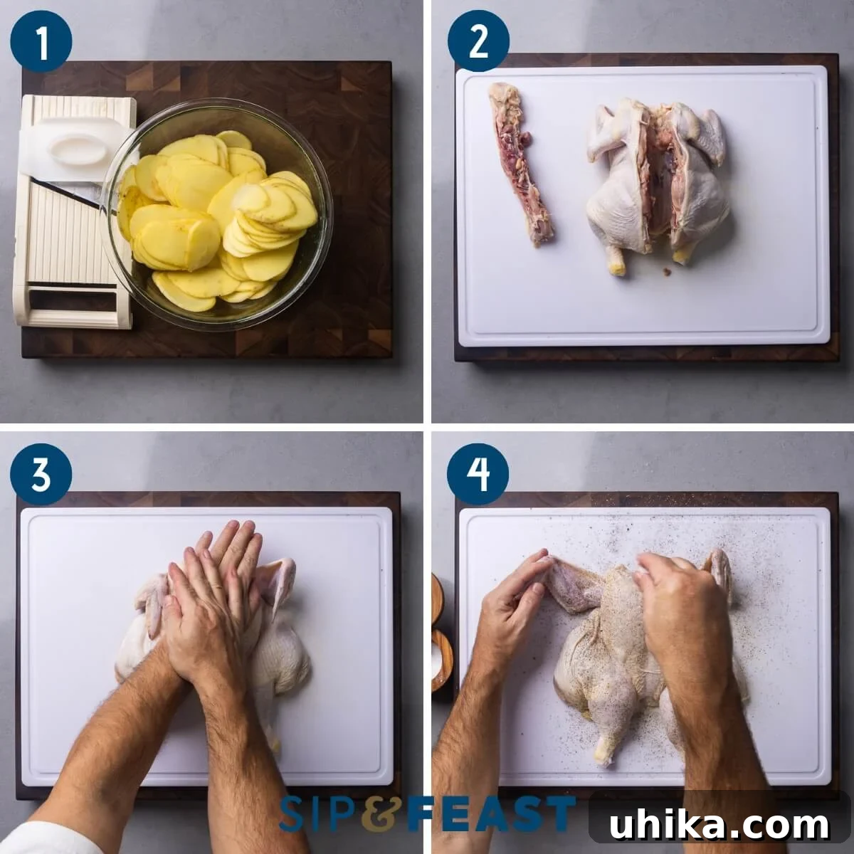 Golden Rosemary Spatchcock Chicken and Crispy Potatoes 4 Process collage showing sliced potatoes, removing backbone from chicken, flattening chicken on cutting board, and seasoning the chicken for the Spatchcock Chicken and Potatoes recipe.