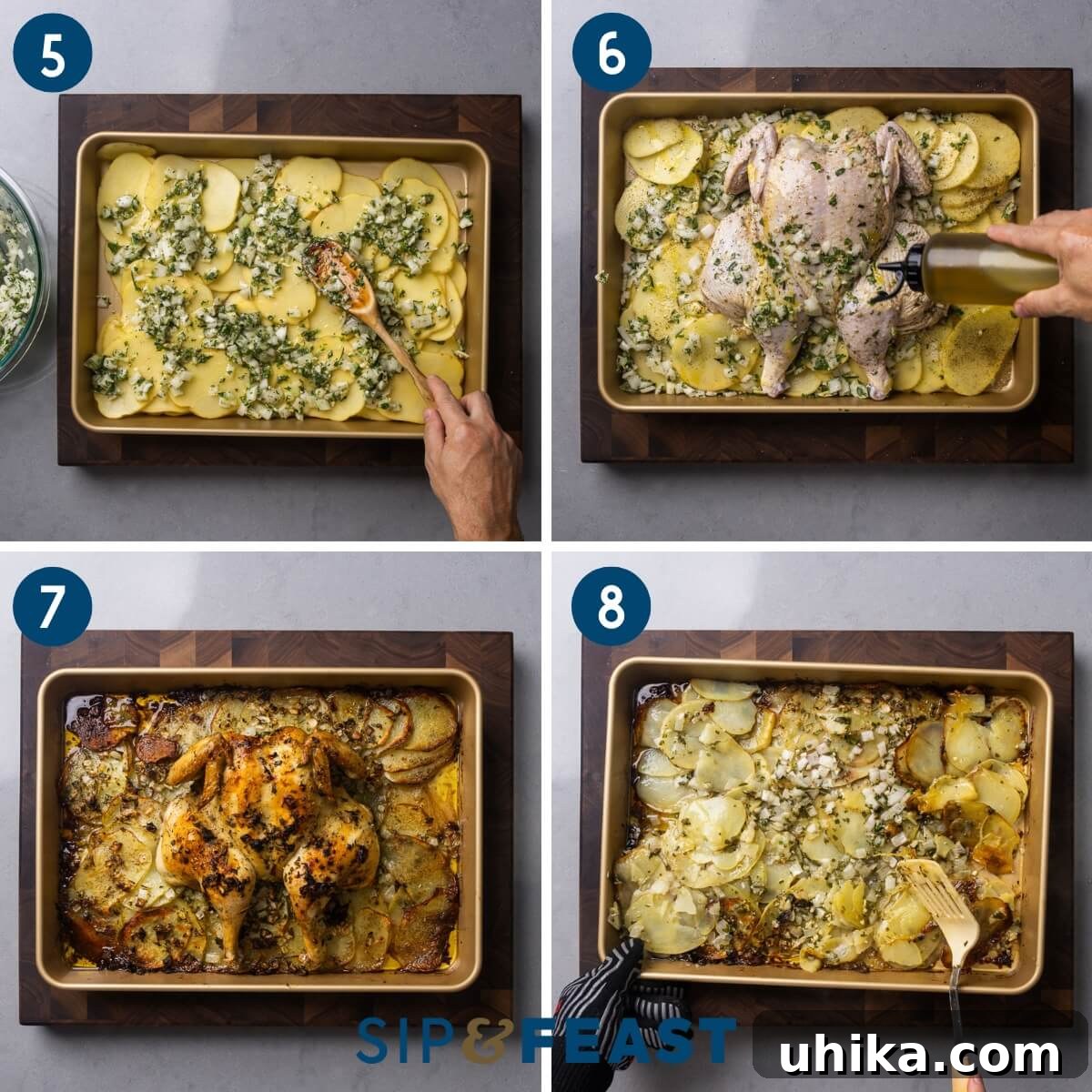 Golden Rosemary Spatchcock Chicken and Crispy Potatoes 5 Recipe collage showing seasoned sliced potatoes and onion mix in a baking pan, placing the spatchcocked chicken on top, the beautifully cooked chicken, and mixing the potatoes with a spatula after roasting.