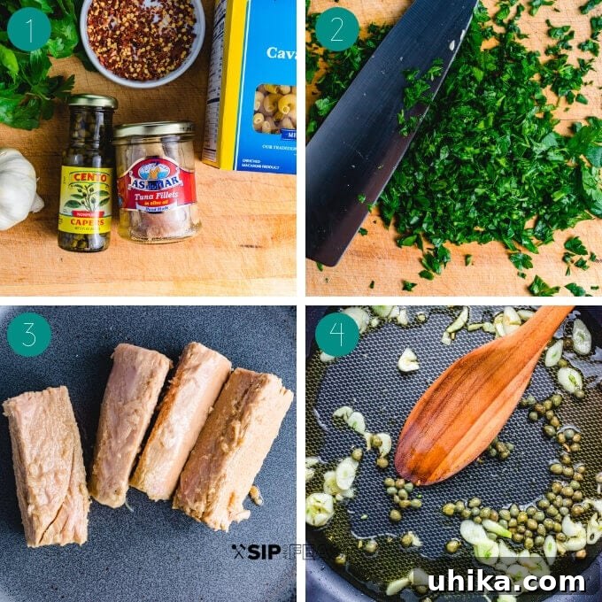 Collage of step-by-step process shots for making Tuna Pasta: garlic and capers sautéing, and tuna added to the pan.