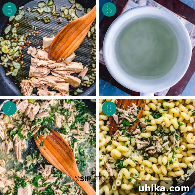 Collage of step-by-step process shots for making Tuna Pasta: adding tuna and red pepper flakes, and combining with pasta water.