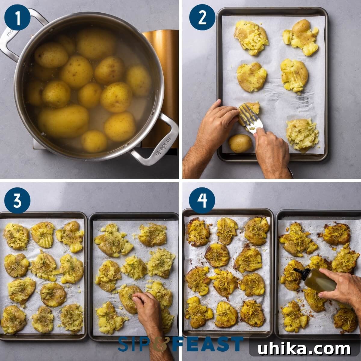 Crispy Rosemary Lemon Smashed Potatoes 4 A four-panel collage showing the cooking process of rosemary lemon smashed potatoes: from boiling the whole potatoes, to smashing them with a fork on a baking sheet, seasoning them generously with herbs and olive oil, and finally, the golden-brown, crispy result on the pan.