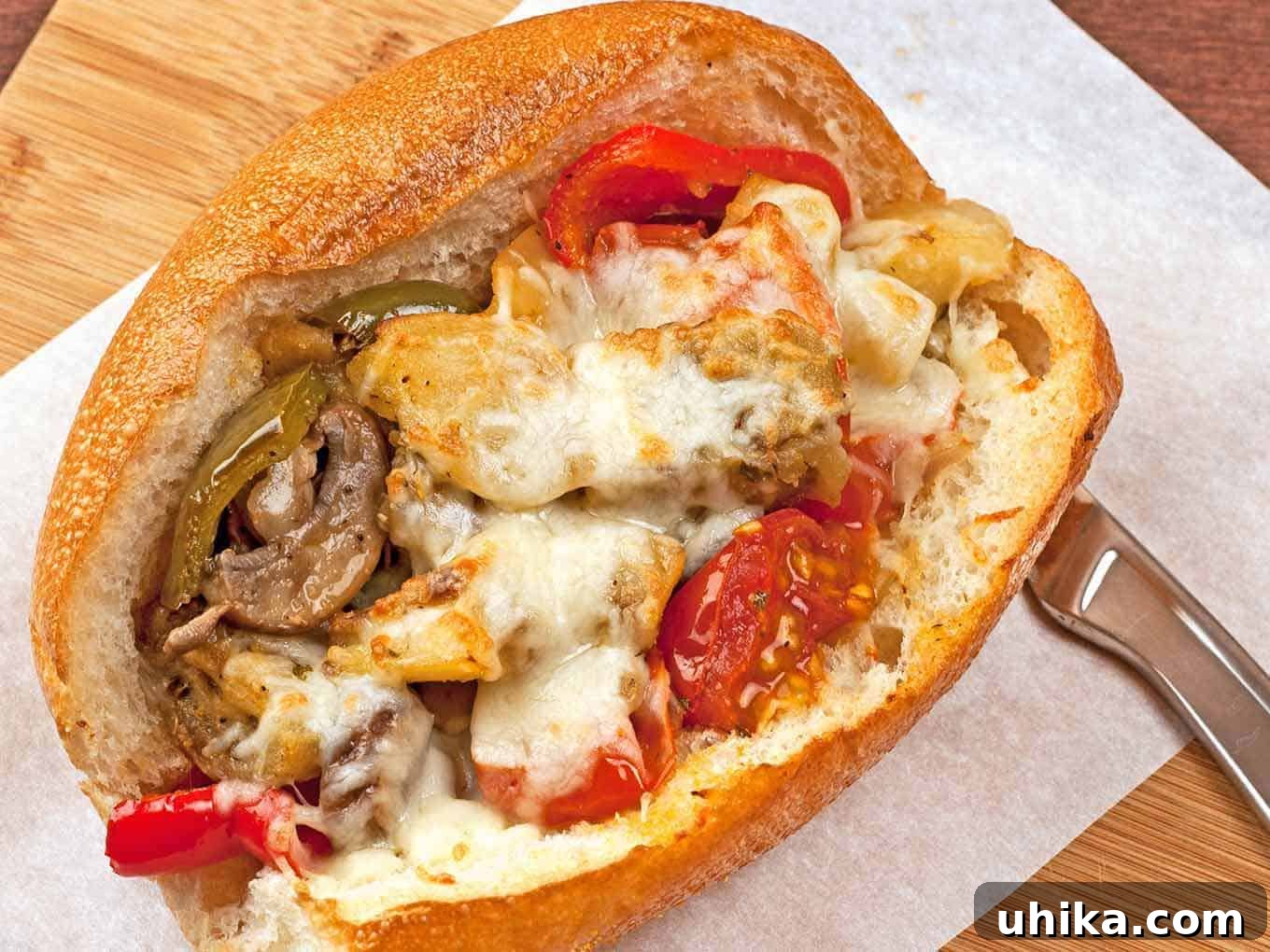 Garlic Roast Veggie Hero 2 Garlic-roasted vegetable sub filled with eggplant, peppers, mushrooms, tomatoes, and melted cheese in a crusty hoagie roll. A delicious and healthy vegetarian sandwich.