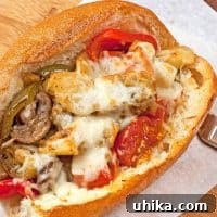 Garlic Roast Veggie Hero 3 Garlic-roasted vegetable sub close-up with melted cheese, showcasing the vibrant roasted vegetables. A perfect vegetarian hoagie.