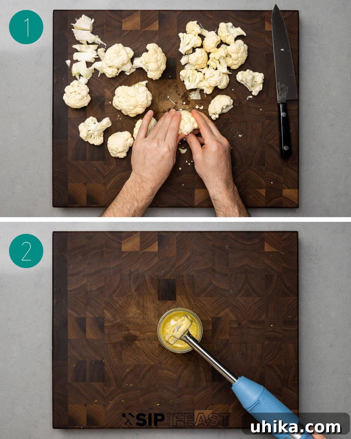 Step-by-step collage for Italian cauliflower salad showing cauliflower being boiled and ingredients prepped.