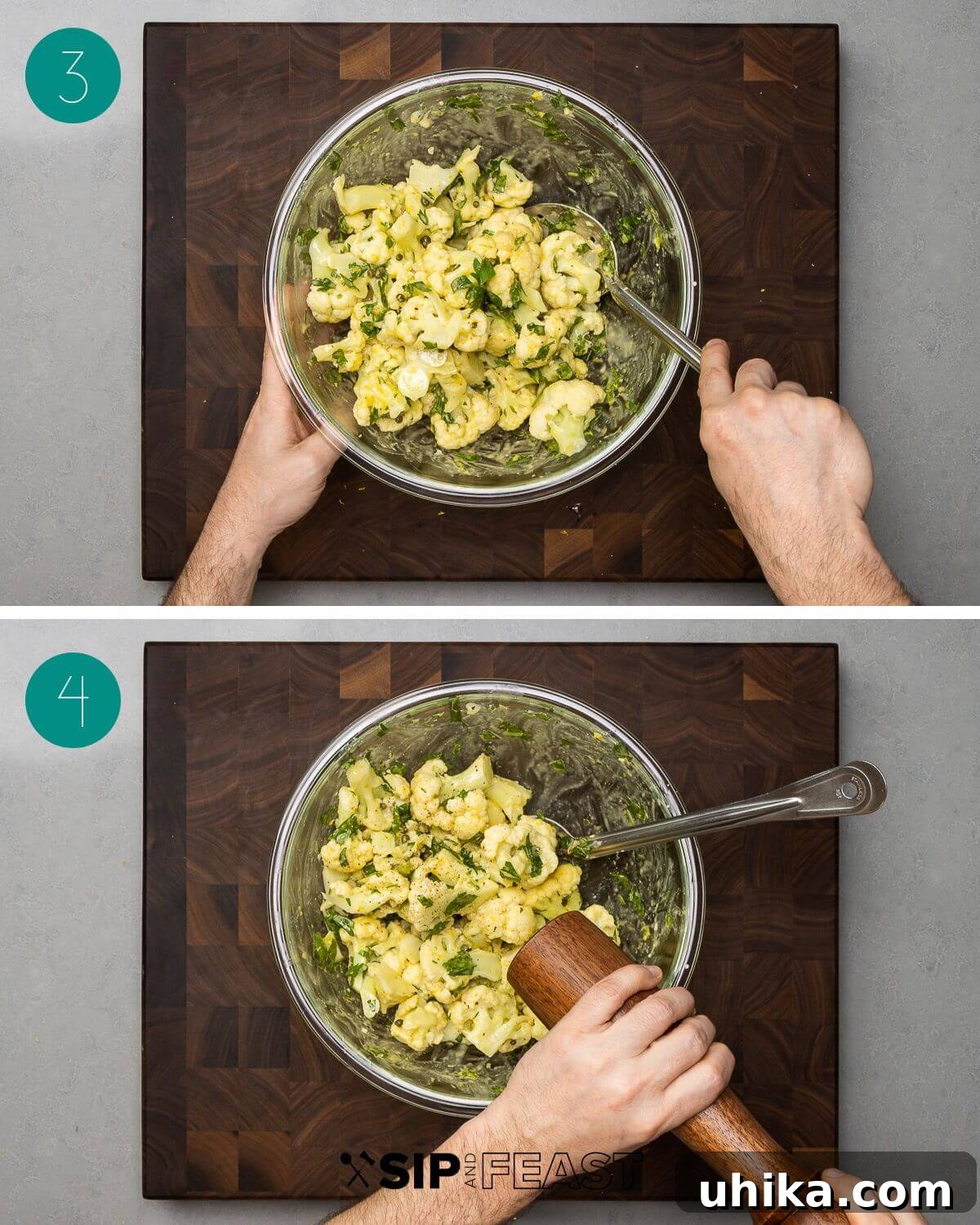 Recipe process shot collage showing dressing being blended and cauliflower being tossed with the dressing.