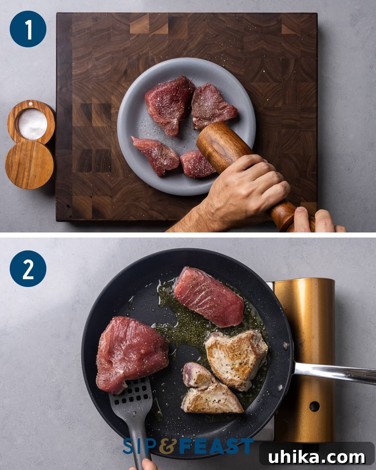 Tuna Siciliana: Olives and Capers 4 Sicilian-style tuna steaks recipe process collage group one showing seasoning of tuna steaks and searing them in a pan.