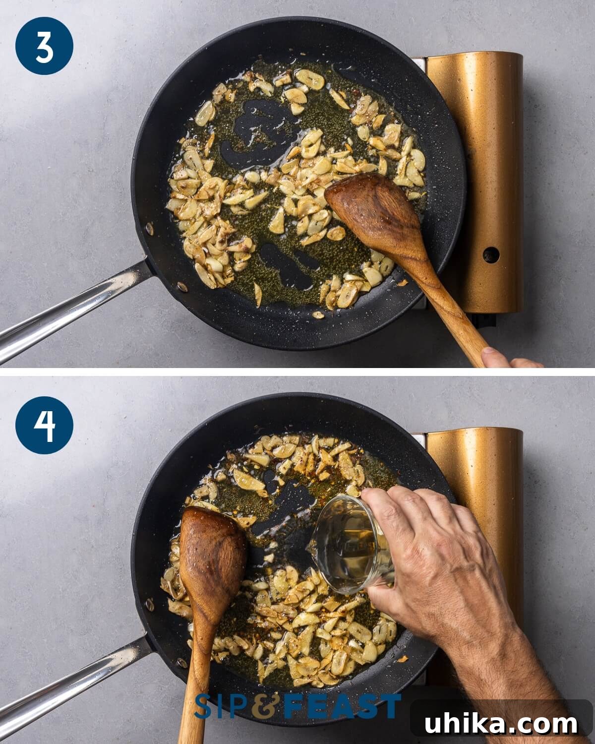 Tuna Siciliana: Olives and Capers 5 Recipe collage group two showing sauteing of garlic and anchovies and adding white wine to the pan.