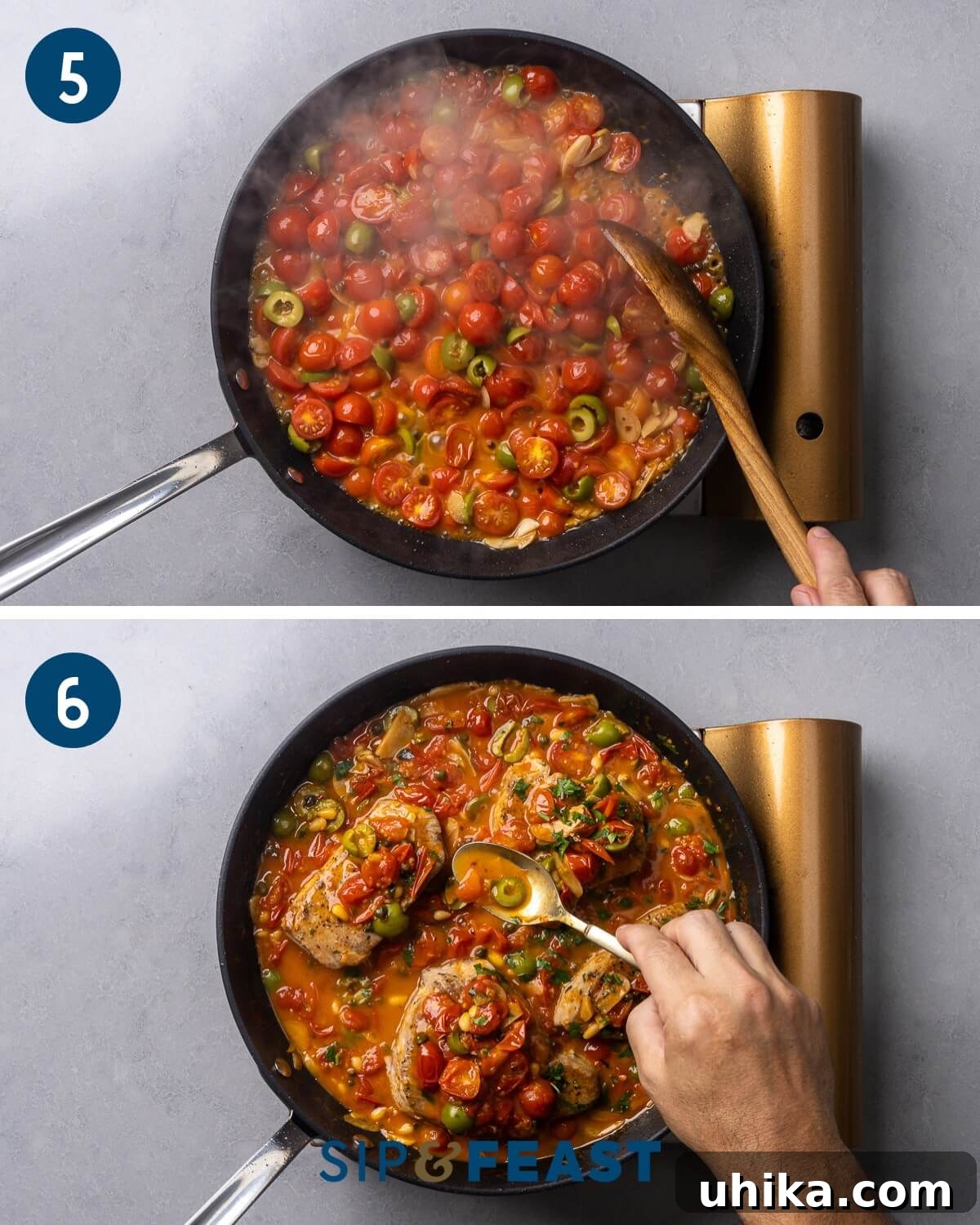 Tuna Siciliana: Olives and Capers 6 Recipe collage three showing simmering of the sauce and adding the tuna steaks to the sauce and spooning the sauce on top.