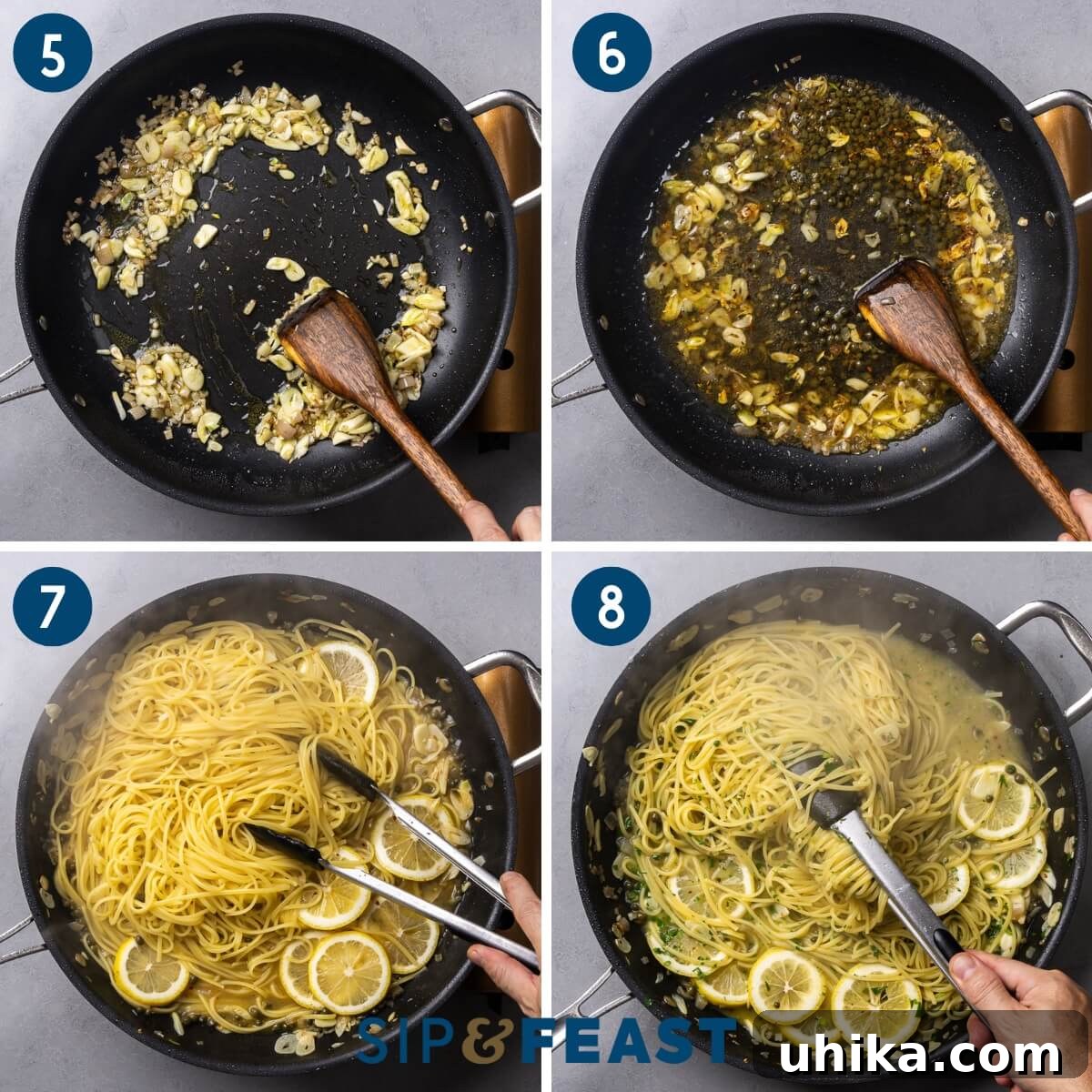 Pan Seared Scallops with Lemon Garlic Pasta 5 Recipe collage group two showing sauteing of garlic, then adding capers and wine, tossing with linguine, and finishing with butter.