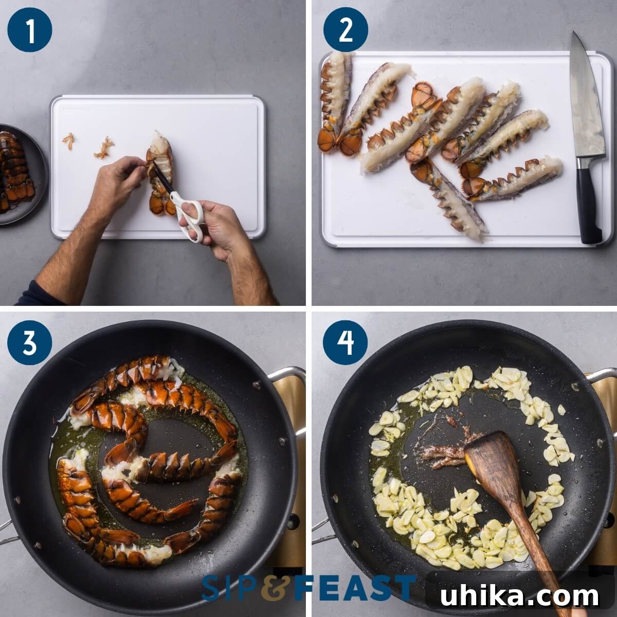 Inferno Lobster 4 Collage group one illustrating the initial steps of the Lobster Fra Diavolo recipe: cleaning and splitting lobster tails, searing the lobster tails meat-side down in a large pan, and sautéing sliced garlic with anchovies to build the sauce base.