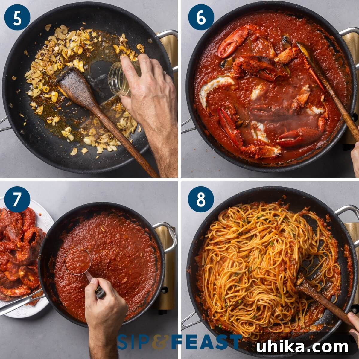 Inferno Lobster 5 Recipe collage group two showing the next stages of preparation: adding crushed red pepper and white wine to the pan, simmering lobster tails in the rich tomato sauce, carefully removing the cooked tails to a serving platter, and finally, tossing the al dente linguine with the remaining sauce.