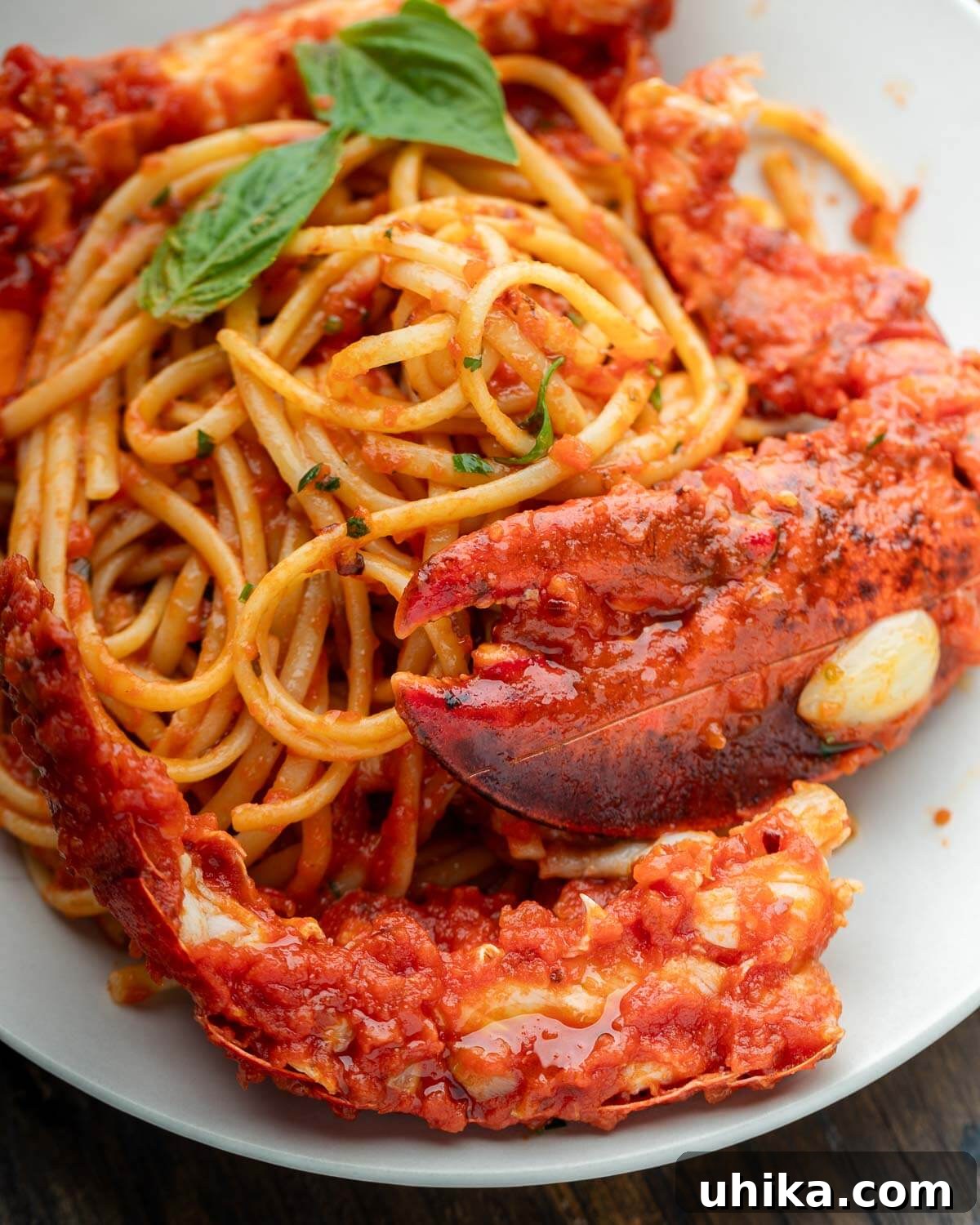 Inferno Lobster 6 A generous serving of Lobster Fra Diavolo with linguine in a white plate, ready to be enjoyed, garnished with fresh herbs.