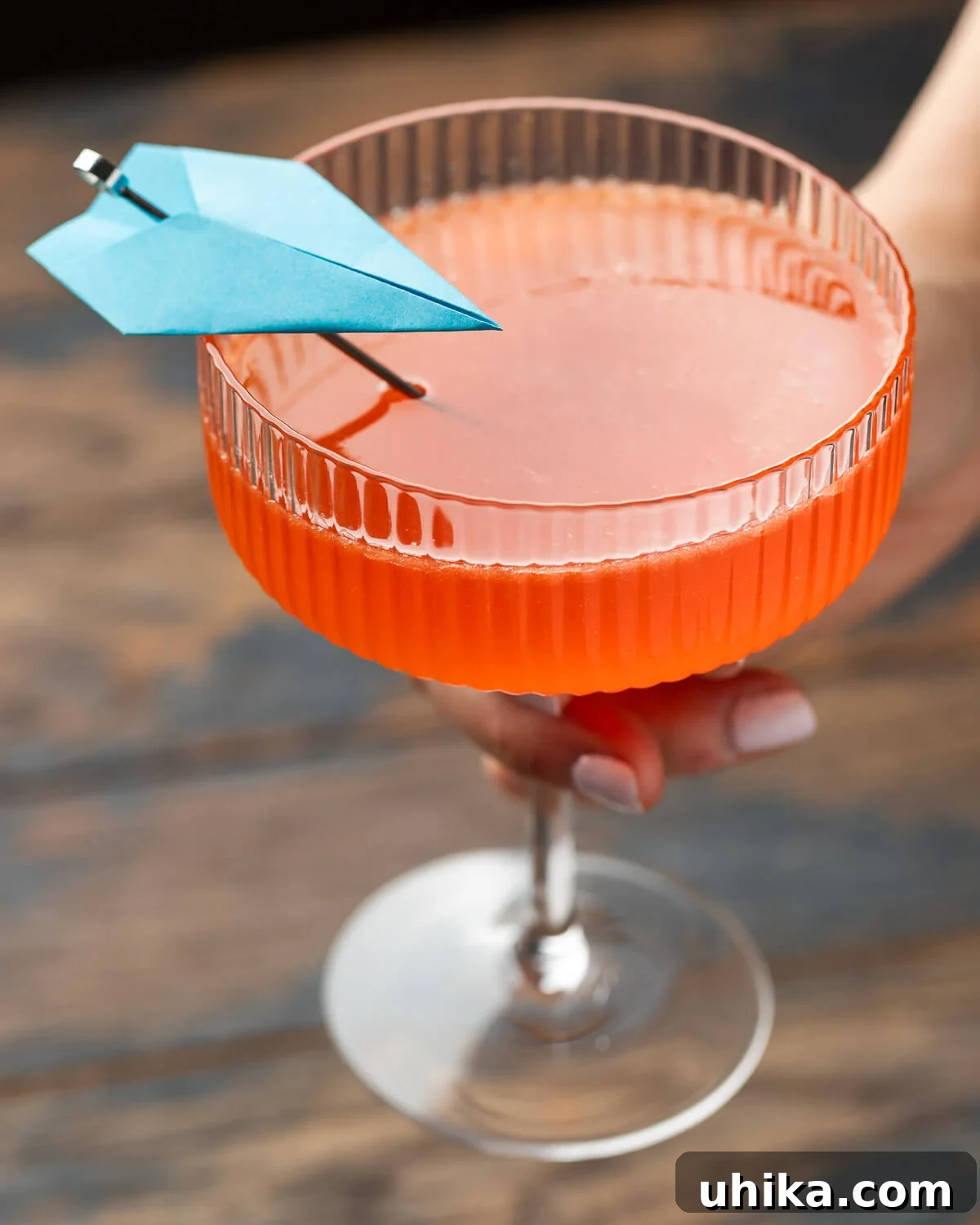 Large coupe glass held in hands with paper plane cocktail.
