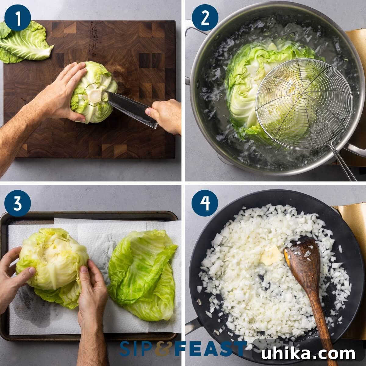 Savory Cabbage Wraps 4 Stuffed cabbage rolls recipe process shot collage group one showing coring of cabbage, boiling of cabbage, separating the leaves, and sautéing onions.