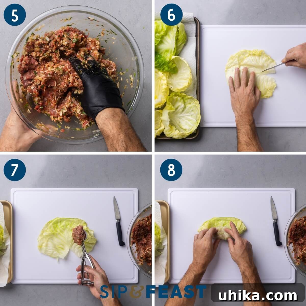 Savory Cabbage Wraps 5 Recipe collage two showing mixing of rice and meat stuffing, removing vein from the cabbage leave, adding scoop of stuffing, and rolling the stuffed cabbage.