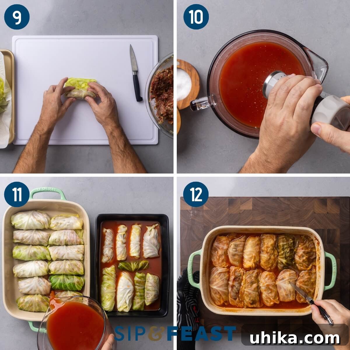 Savory Cabbage Wraps 6 Recipe collage three showing closing the rolls, seasoning sauce, pouring the sauce over the rolls in a baking dish, and testing the baked rolls for tenderness with a knife.