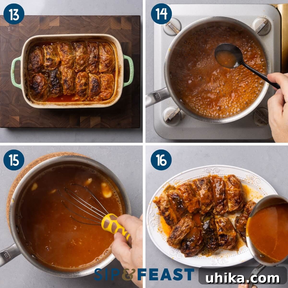 Savory Cabbage Wraps 7 Recipe collage four showing the cooked Polish stuffed cabbage rolls, boiling the sauce, whisking butter into the sauce, and pouring the thickened sauce over the cabbage rolls.