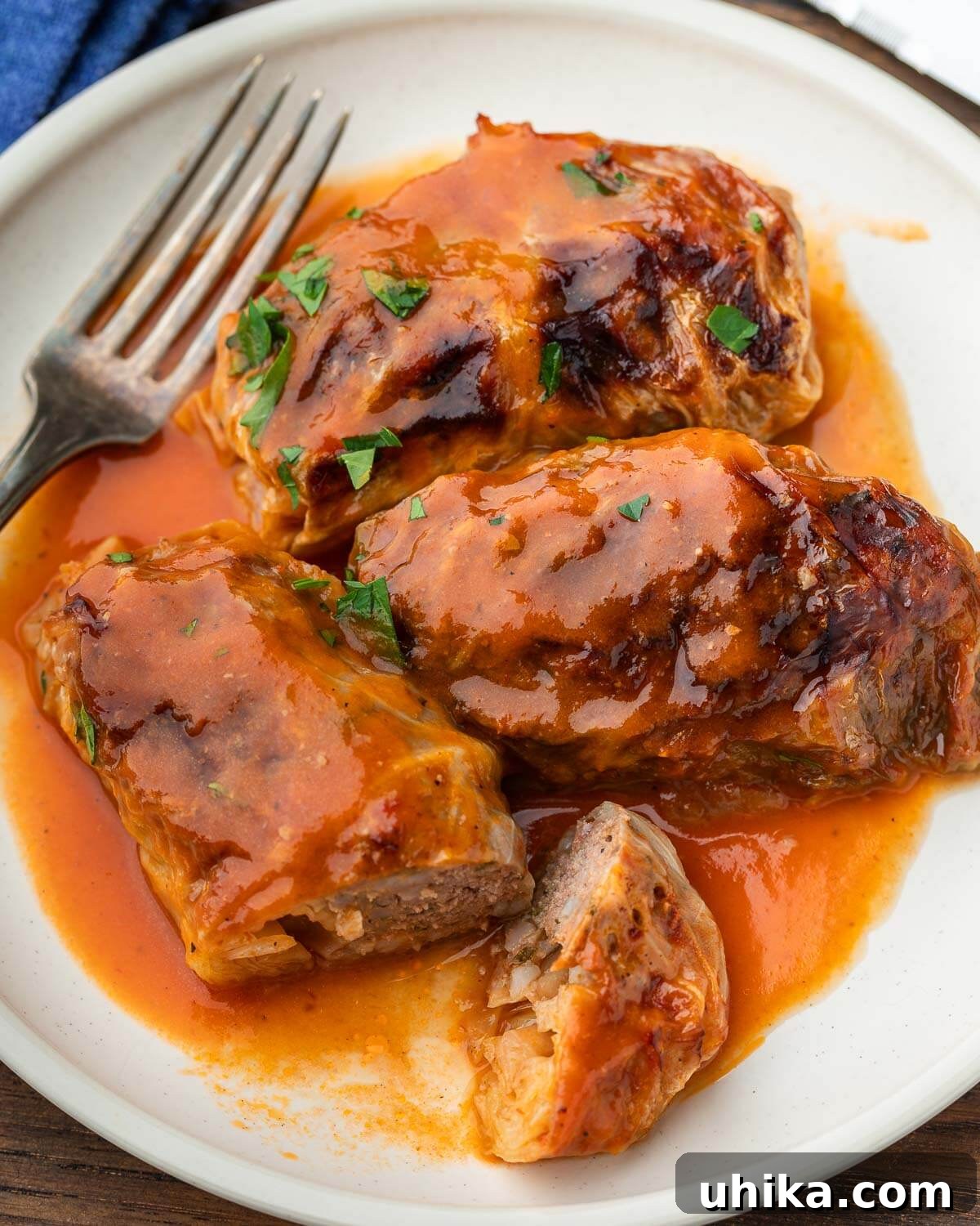 Savory Cabbage Wraps 8 Beige plate with a few servings of stuffed cabbage rolls, showcasing their rich color and tender texture.