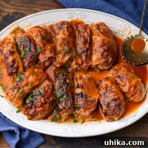 A smaller image of the large white platter with stuffed cabbage rolls.