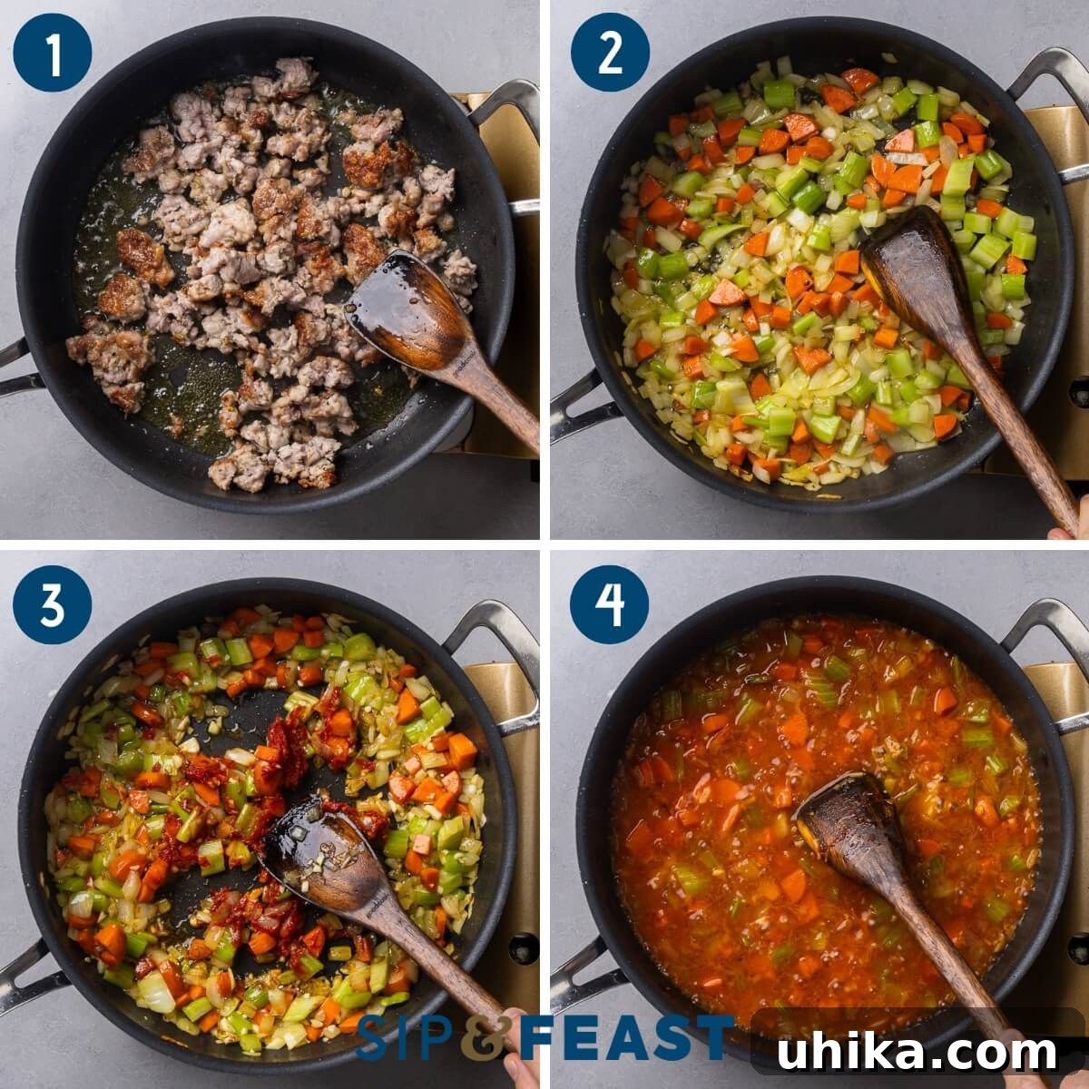 Hearty Greek Sausage and Bean Stew 4 Greek beans with sausage recipe process collage group one showing sauteing of sausage, sauteing of vegetables and tomato paste, and bringing sauce to a simmer.