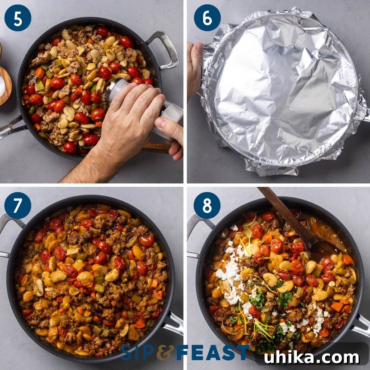 Hearty Greek Sausage and Bean Stew 5 Recipe collage group two showing adding beans, sausage, and tomatoes to the pan, covering pan with foil, dish after baking, and mixing in feta and lemon zest.