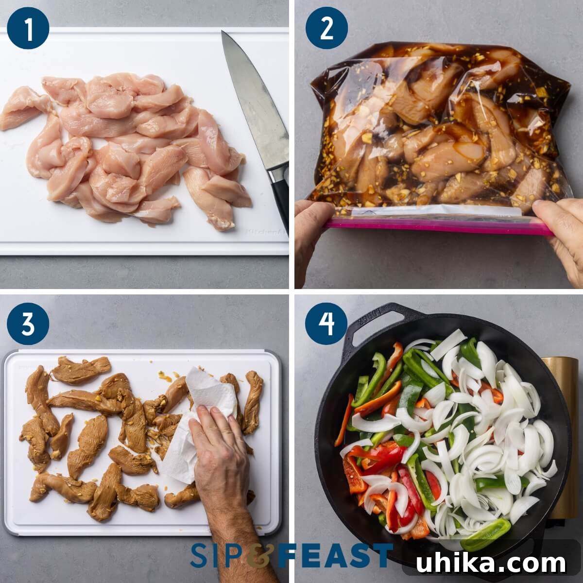 Sizzling Chicken Fajita Fiesta 4 Chicken fajitas recipe process collage group one showing cutting chicken into strips, marinating chicken in plastic bag, drying the chicken pieces off, and searing peppers and onions in cast iron pan.