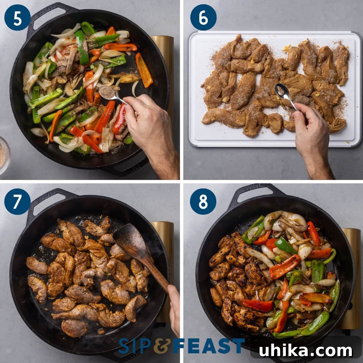 Sizzling Chicken Fajita Fiesta 5 Recipe process collage two showing seasoning peppers and onions, seasoning raw chicken, searing the chicken in pan, and adding the peppers and onions back to the pan.