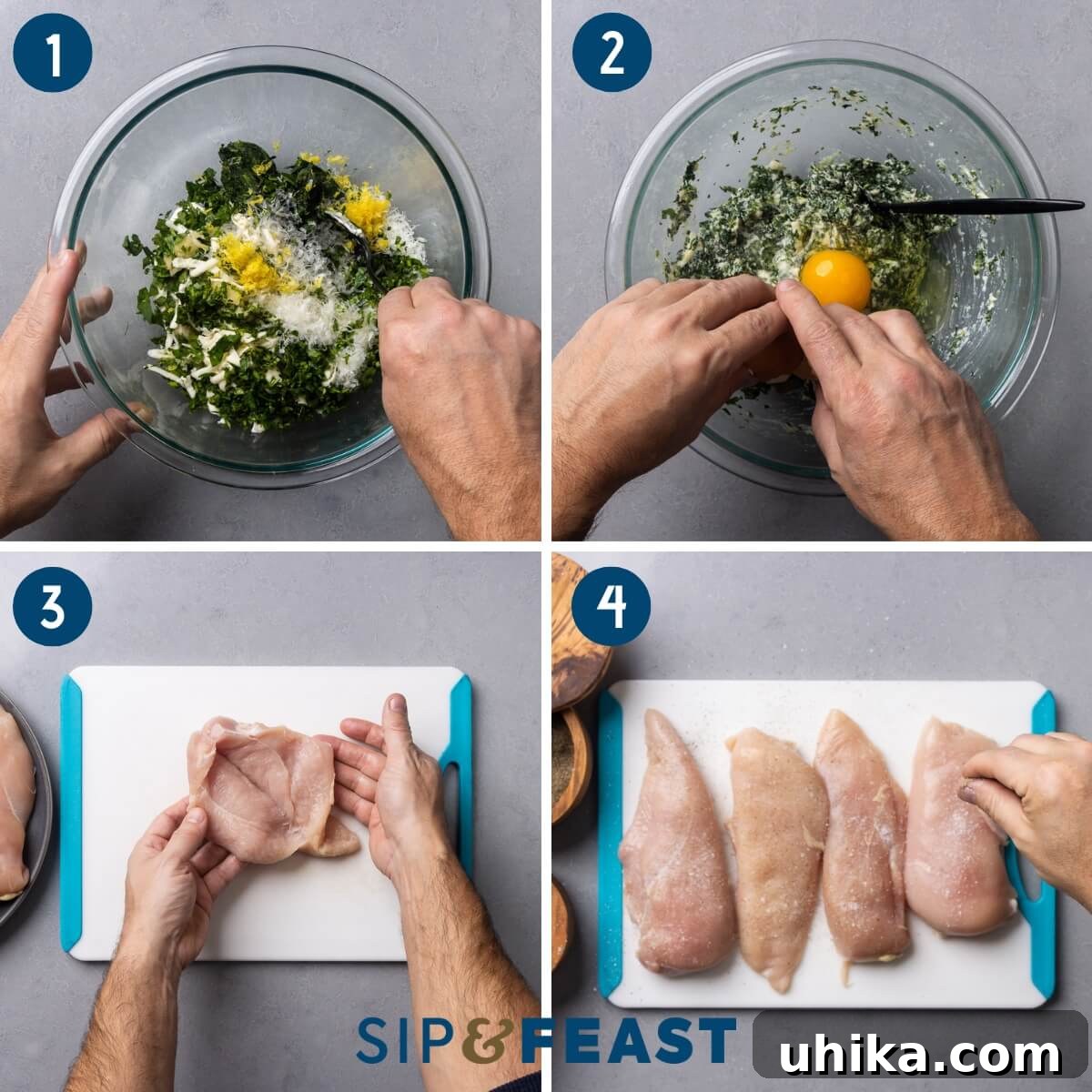 Effortless Spinach Stuffed Chicken 4 Collage showing the process of making spinach stuffed chicken breasts: mixing the cheese and spinach filling, adding a beaten egg, carefully cutting a pocket into the chicken breast, and seasoning the chicken with salt and pepper.