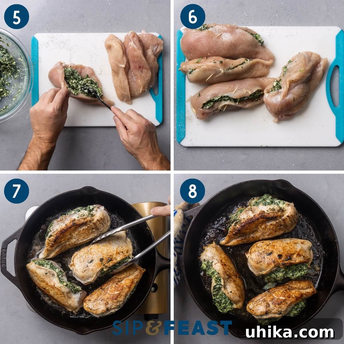 Effortless Spinach Stuffed Chicken 5 Collage showing the continuation of the spinach stuffed chicken breasts recipe: stuffing the chicken, using toothpicks to secure the opening, searing the stuffed chicken in a pan until golden, and the finished dish after baking.