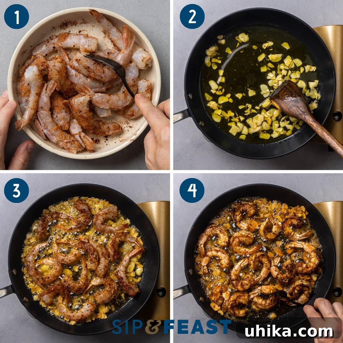 Irresistible Spanish Garlic Shrimp 4 A collage showing the three main steps of making Gambas al Ajillo: seasoning the shrimp, slowly sautéing garlic in olive oil, and finally cooking the seasoned shrimp in the garlic oil.