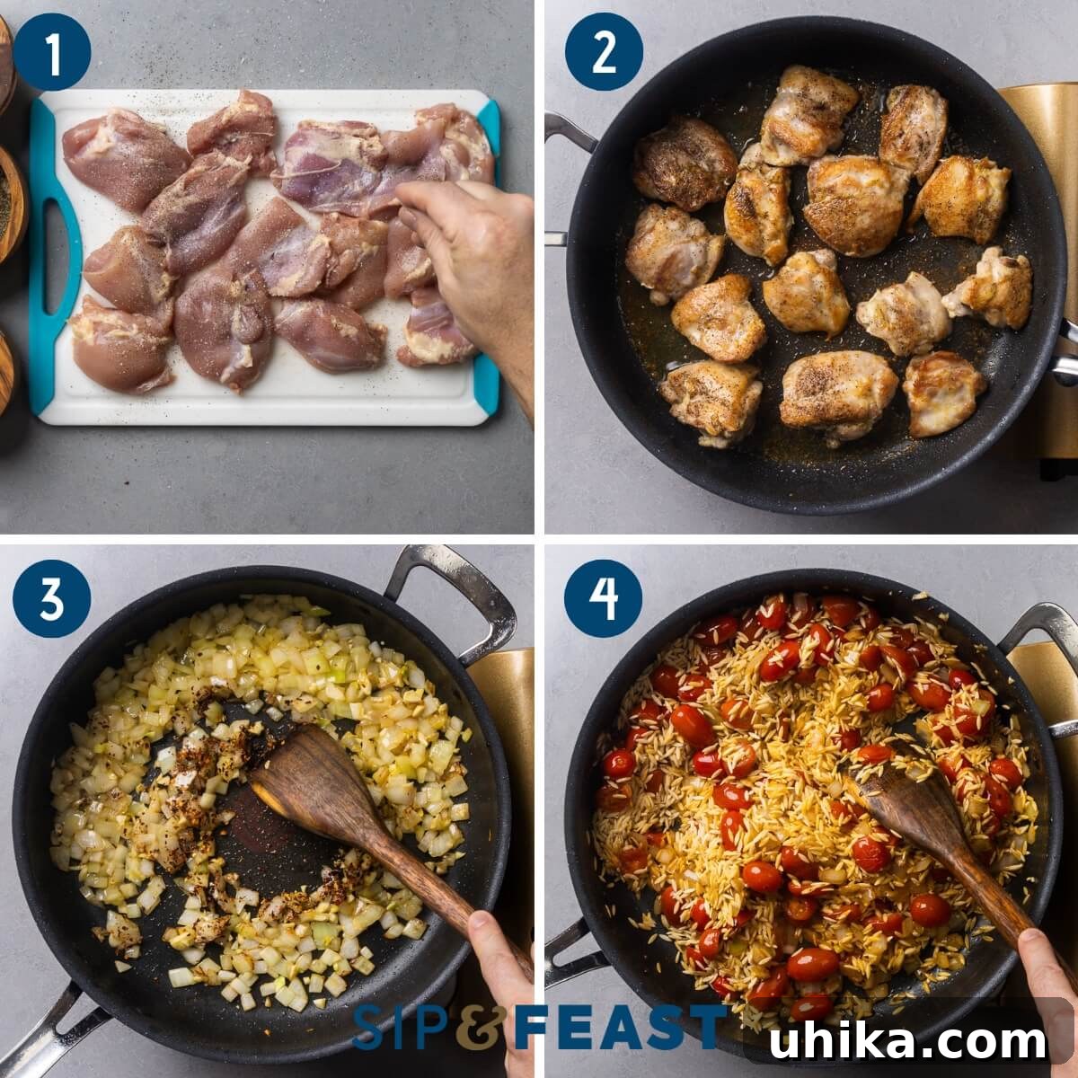 Zesty Mediterranean Chicken Orzo 4 A collage of four images illustrating the initial steps of the Mediterranean chicken and orzo recipe: seasoning chicken, searing chicken thighs to golden brown, sautéing diced onions and minced garlic, and lightly toasting the orzo pasta.