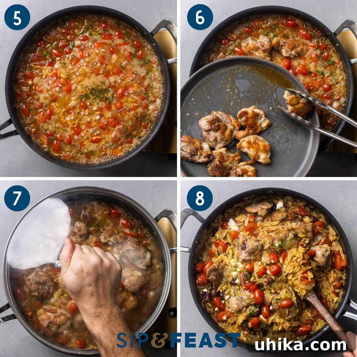 Zesty Mediterranean Chicken Orzo 5 A collage of four images showing the progression of the Mediterranean chicken and orzo recipe: bringing the liquid to a boil, adding the seared chicken back into the pot, covering the pot to simmer, and the final cooked dish ready for garnishing.