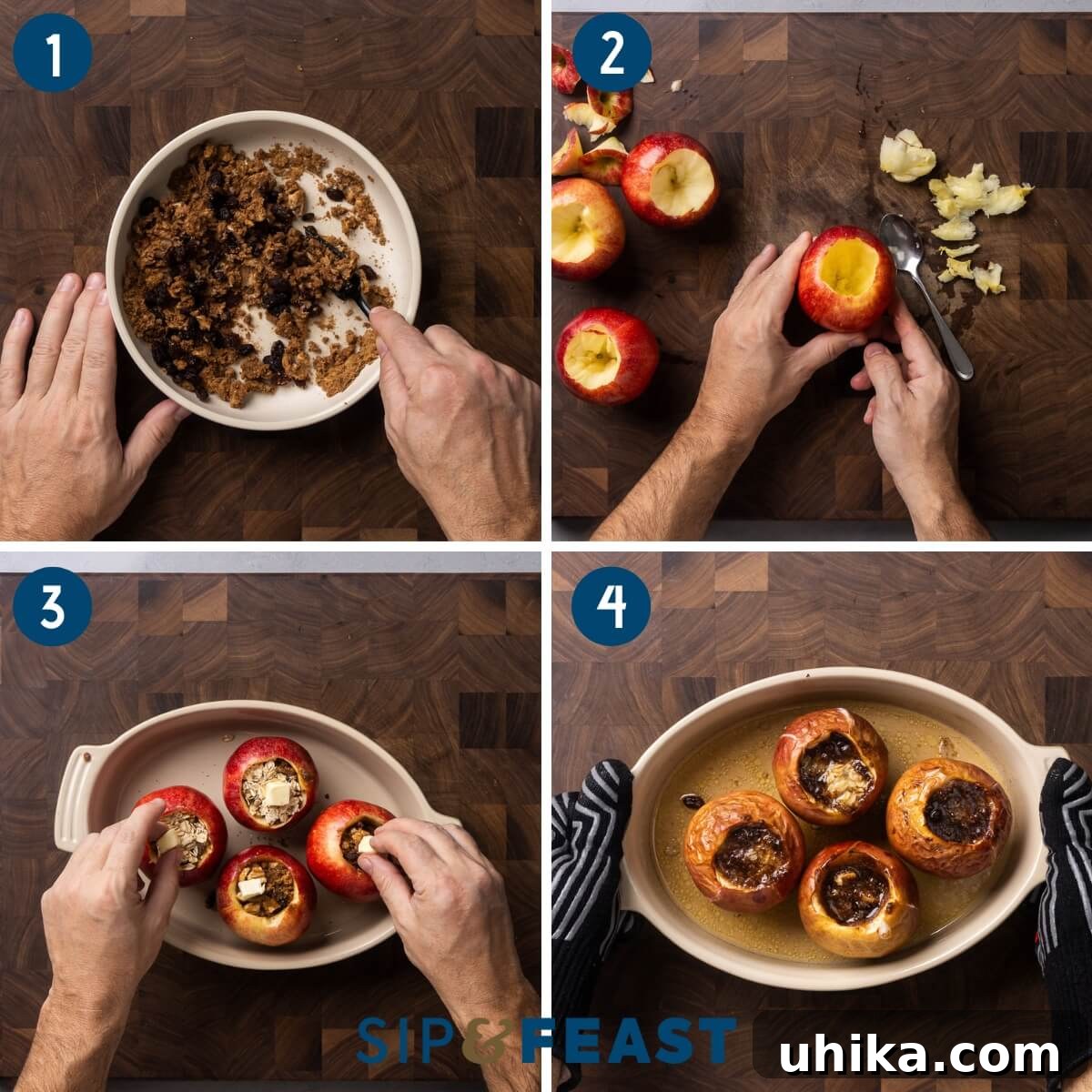 Simple Homestyle Baked Apples 4 A photographic collage demonstrating the process of making baked apples: mixing ingredients, coring apples, filling them, arranging them in a dish, and the final baked result.