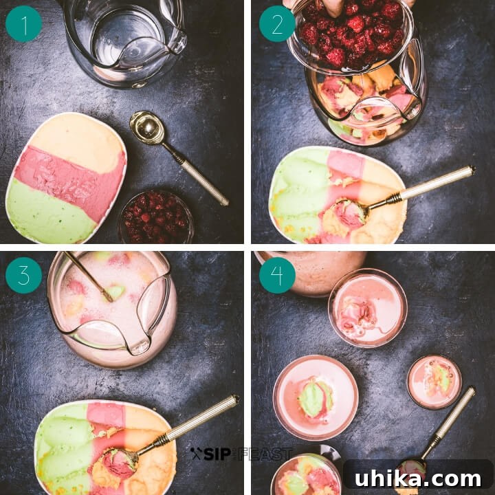 Fizzy Sherbet Delight 4 A collage showing the simple step-by-step process of making Sherbet Punch: scooping sherbet, adding frozen fruit, pouring sparkling wine, and mixing.