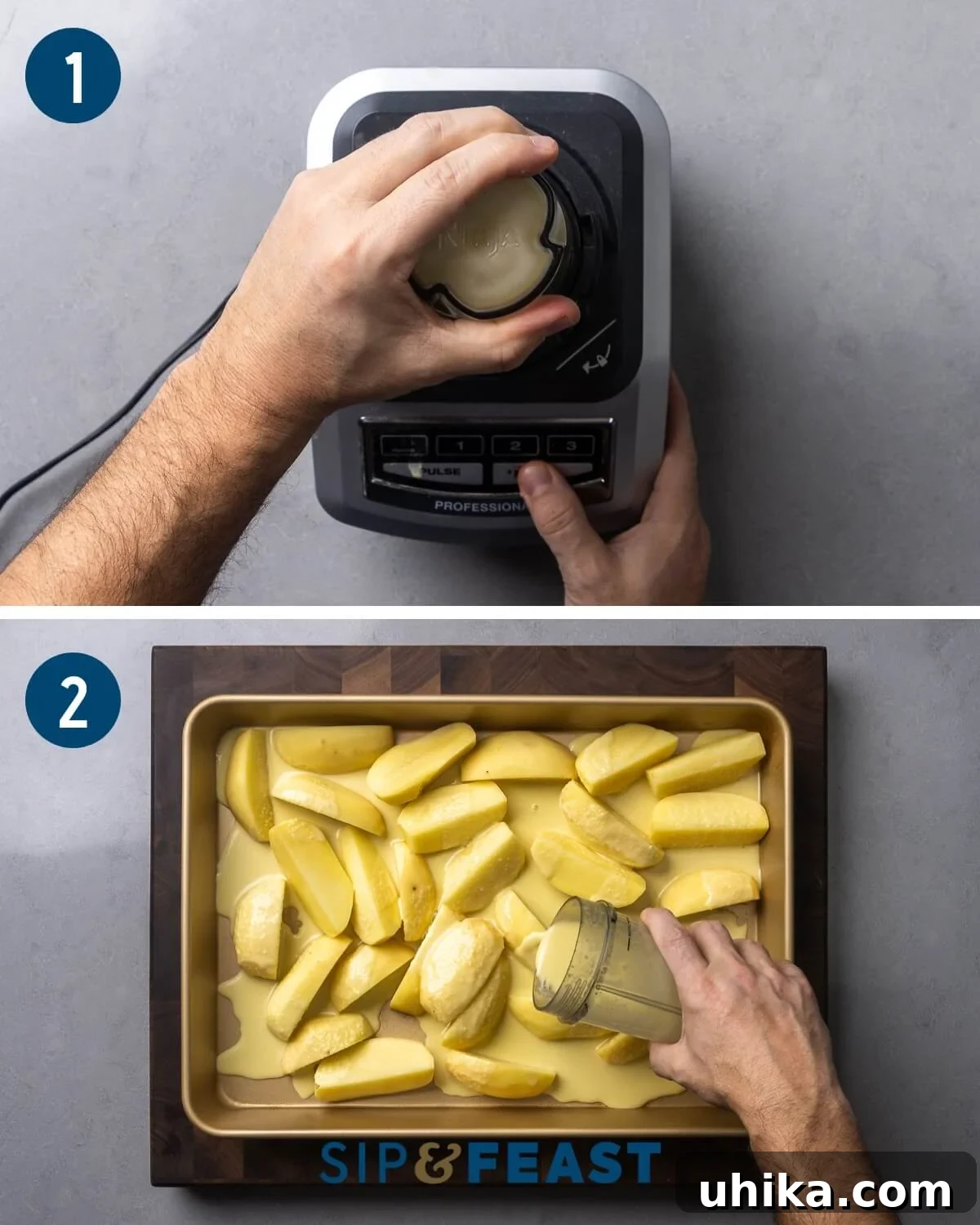 Zesty Lemon Oregano Roasted Greek Potatoes 4 Greek potatoes recipe process collage one showing blending of the marinade ingredients and pouring it over large chunks of potatoes in a large baking pan.
