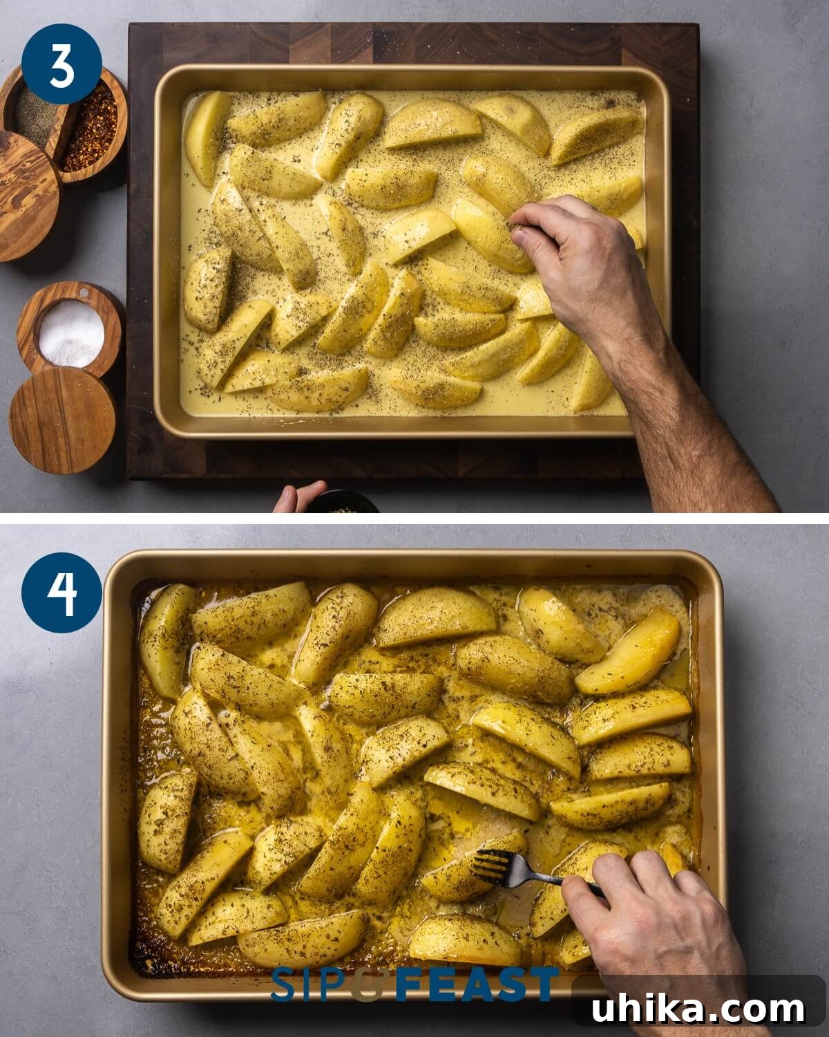 Zesty Lemon Oregano Roasted Greek Potatoes 5 Recipe collage group two showing seasoning of the potatoes with herbs and checking for doneness with a fork.