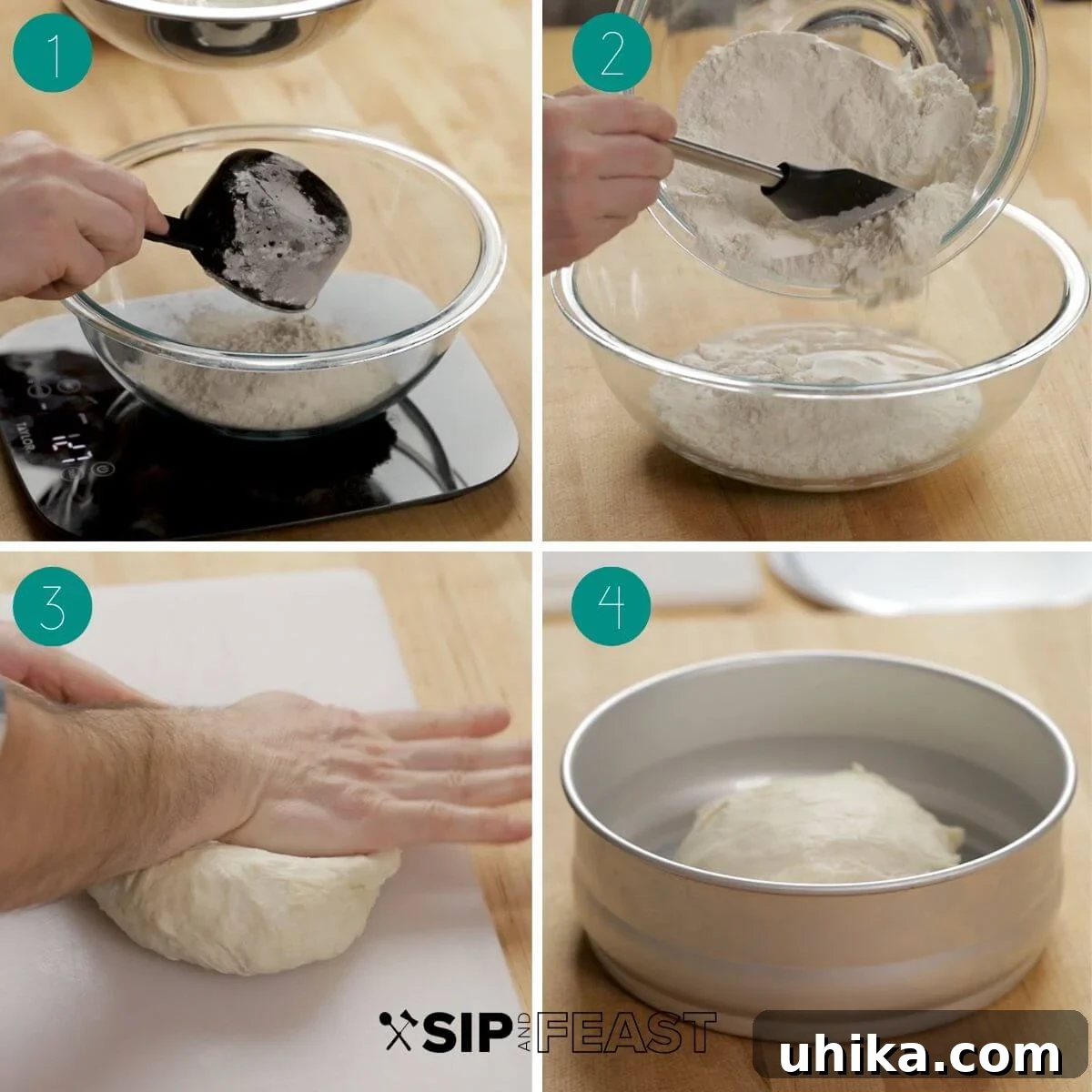 Mediterranean Artichoke Pizza 4 Artichoke pizza recipe dough process shot collage showing stages of mixing and kneading.