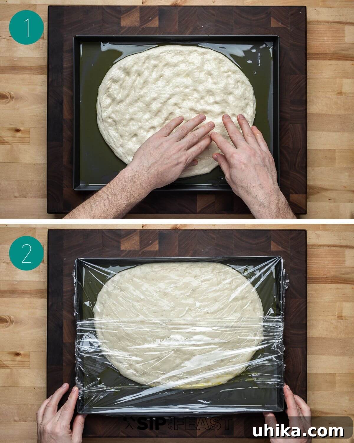 Mediterranean Artichoke Pizza 5 Artichoke pizza recipe process shot collage group number one, showing dough being stretched into a pan.