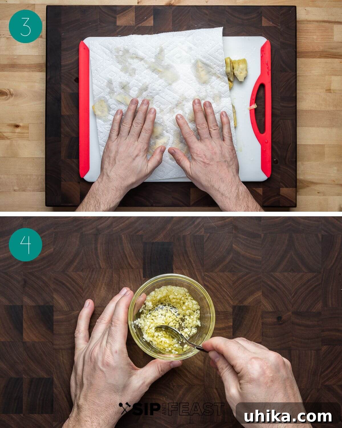Mediterranean Artichoke Pizza 6 Recipe process shot collage group number two, showing drained artichokes and garlic oil preparation.