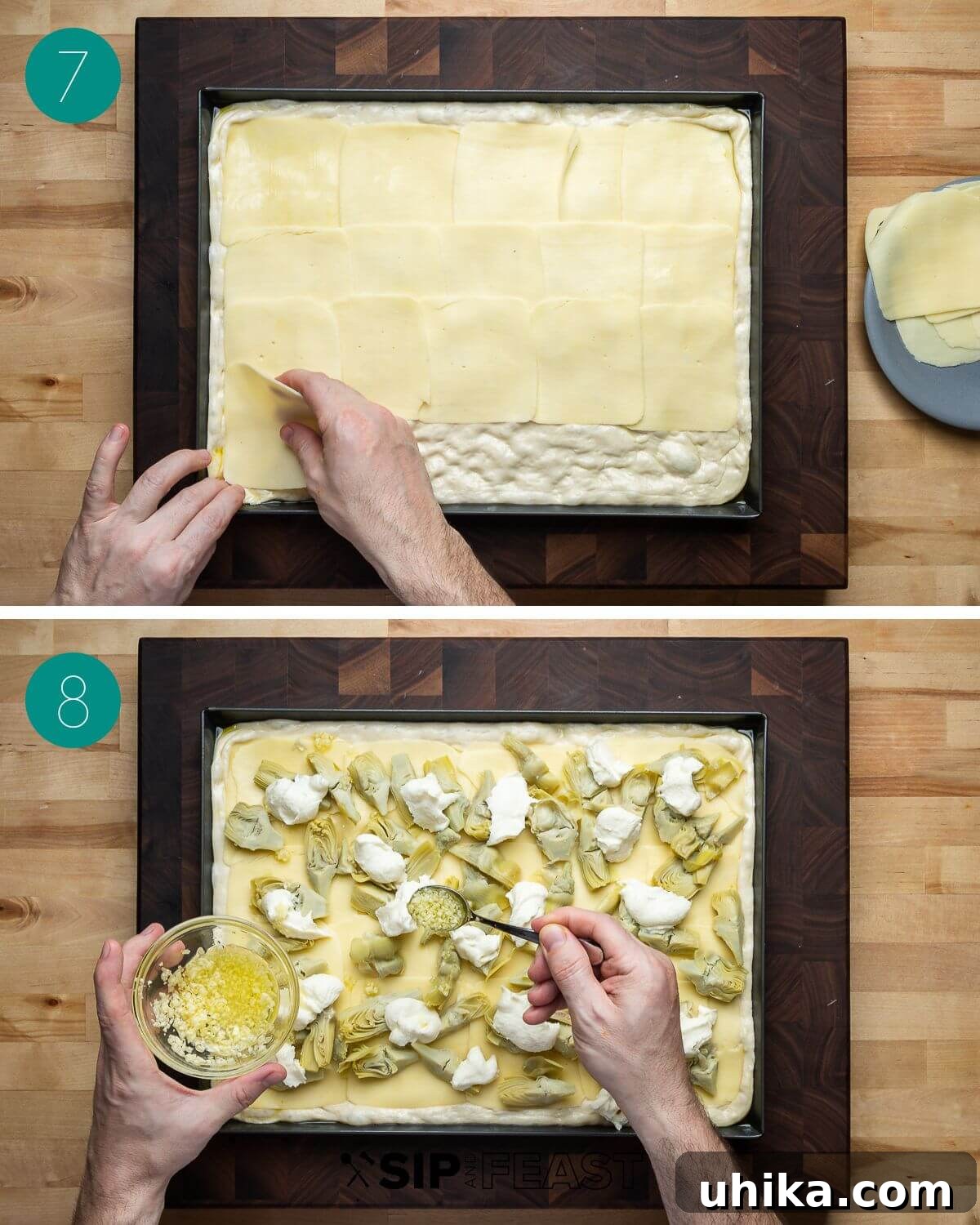 Mediterranean Artichoke Pizza 8 Recipe process shot collage group number four, illustrating mozzarella layering.