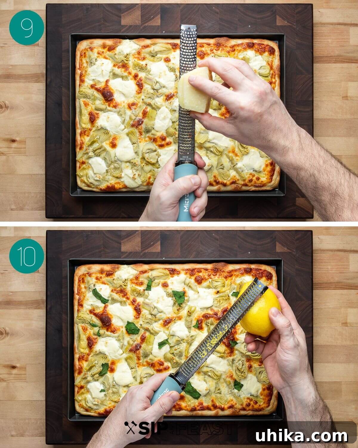 Mediterranean Artichoke Pizza 9 Recipe process shot collage group number five, showing artichokes, ricotta, and final baking steps.