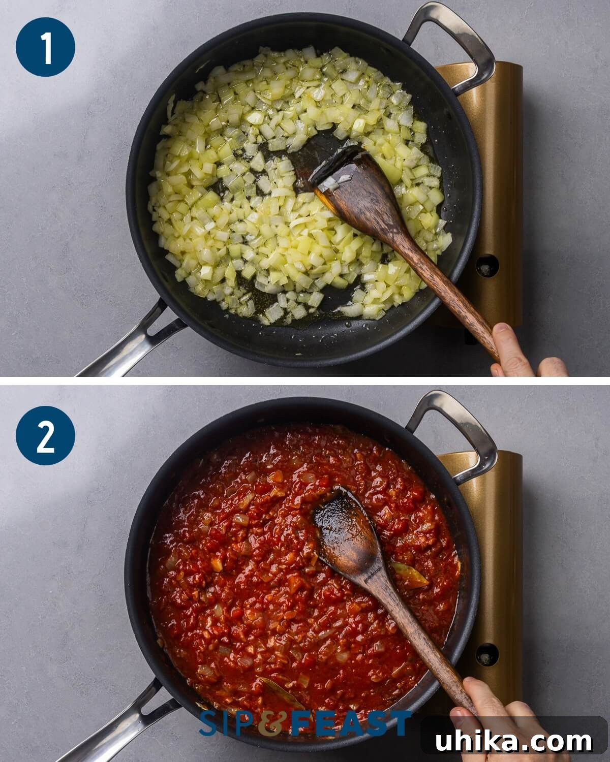 Mediterranean Orzo Bake 5 Collage of process shots: Sauteing onions until softened and adding blended plum tomatoes to the pan to create the base sauce for baked orzo.