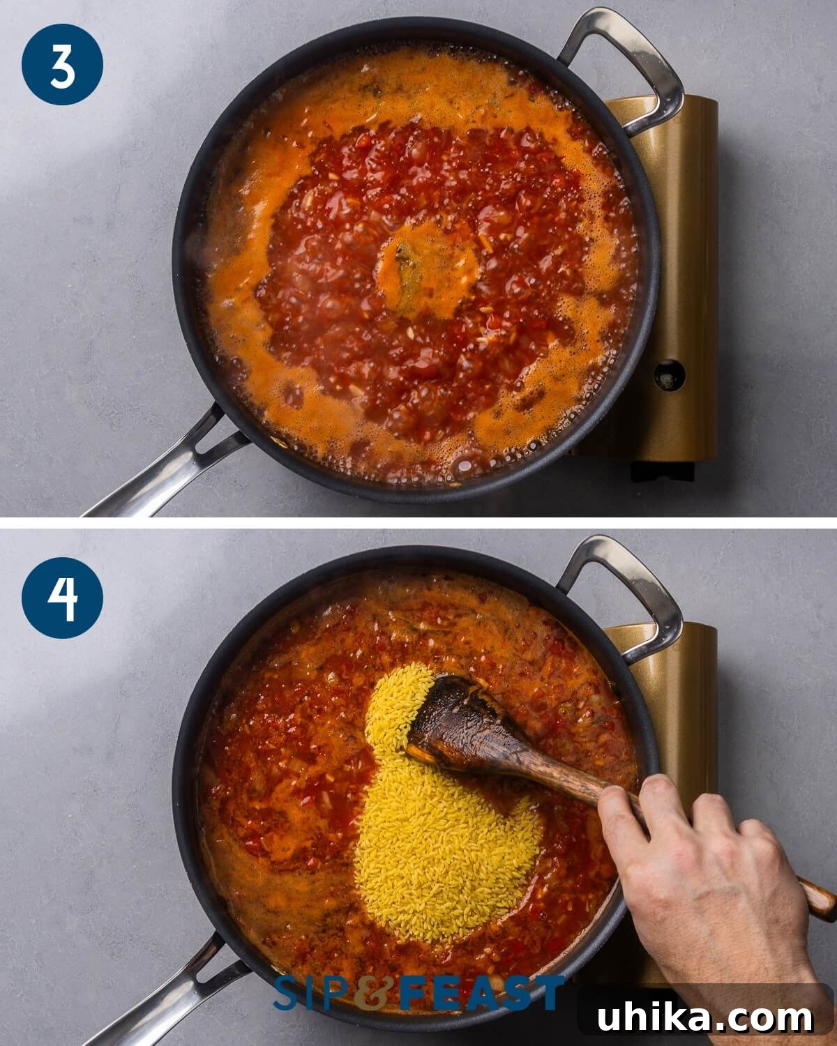 Mediterranean Orzo Bake 6 Collage of process shots: Bringing the tomato-based sauce to a boil and then stirring in the uncooked orzo pasta, ensuring even coating.