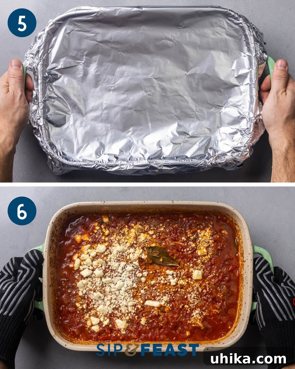 Mediterranean Orzo Bake 7 Collage of process shots: Covering the baking dish with foil for the first bake and the final baked orzo dish topped with melted feta and fresh parsley.