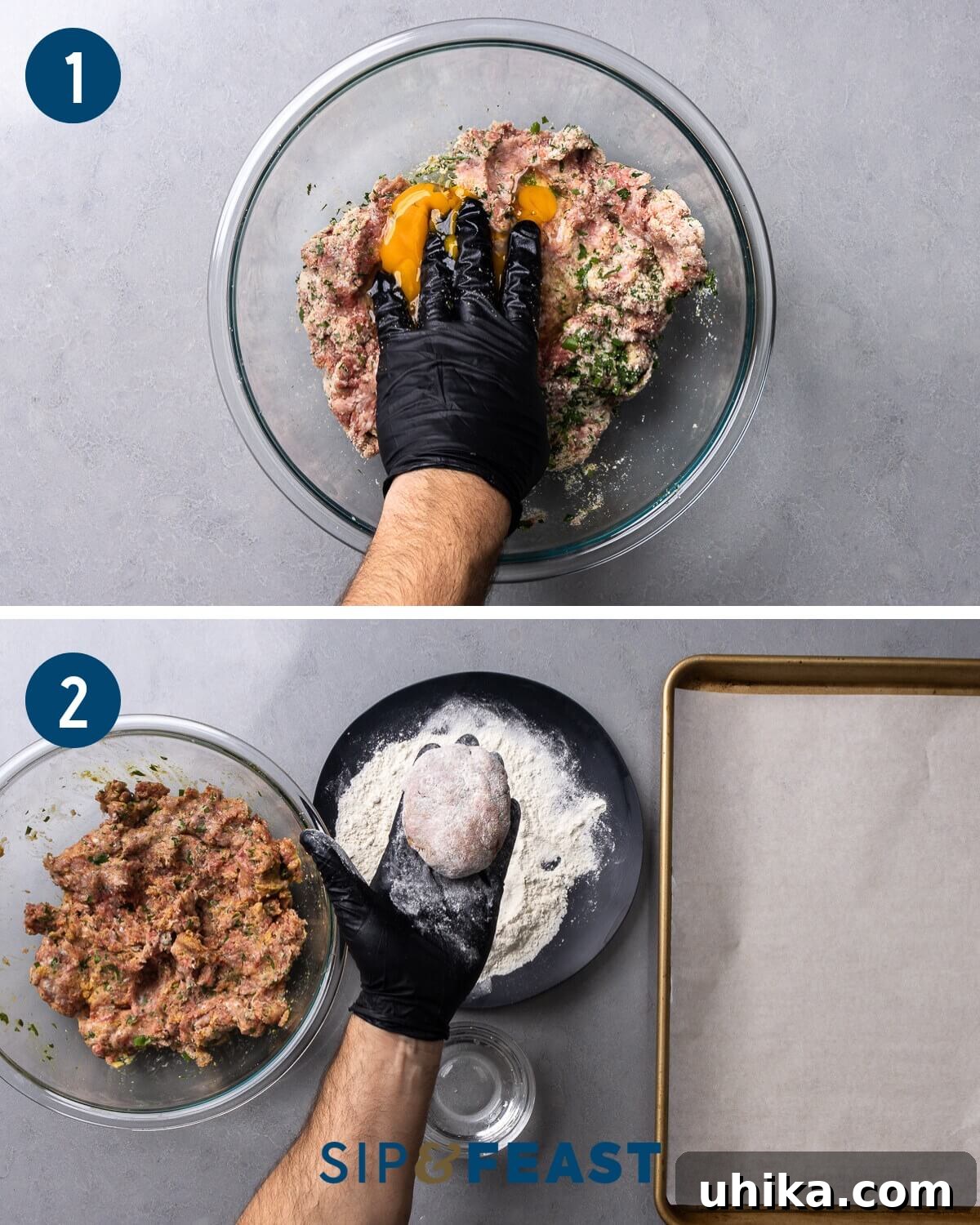 Perfect Pan Fried Meatballs 5 Pan fried meatballs recipe process collage group one showing mixing the meatball mix and forming the meatball and dusting in flour.
