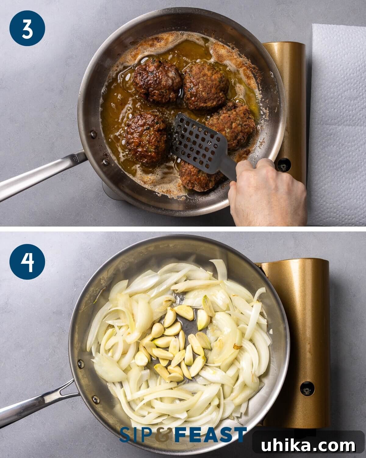 Perfect Pan Fried Meatballs 6 Recipe collage two showing the frying of the meatballs in olive oil and sauteing onions and garlic in frying pan.